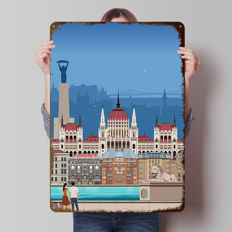 Travel Accessories For Europe - Budapest Reise-Poster aus Weißblech, Individuelle Wandkunst,