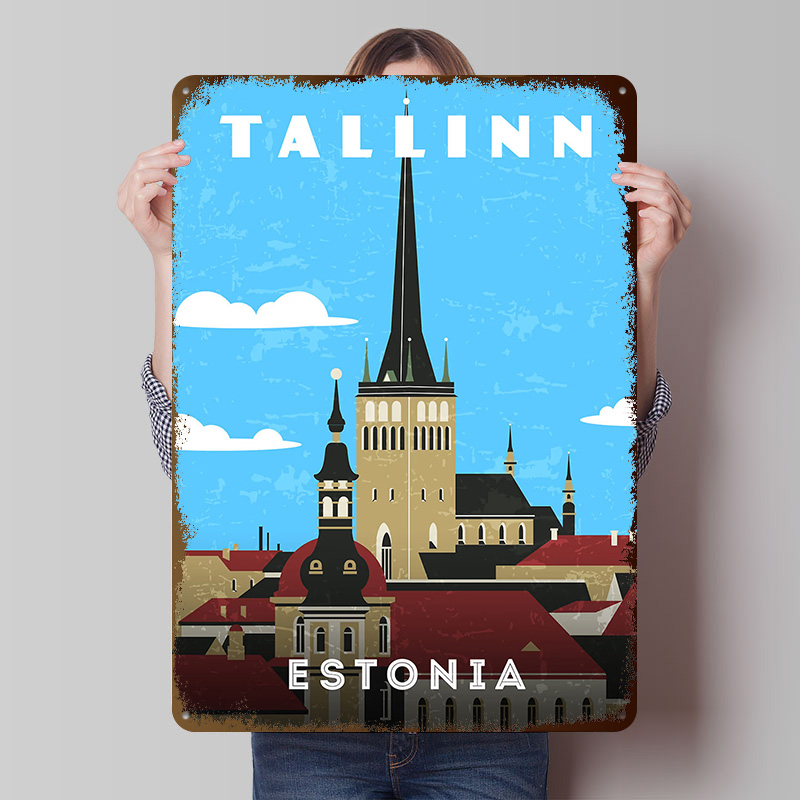 Travel Accessories For Europe - Estland Retro-Reiseplakat, personalisierte Vintage-Metallschilder, Wandkunst, Retro-Blechschild