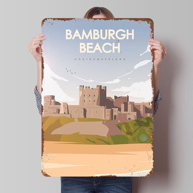 Travel Accessories For Europe - Bamburgh Beach Northumberland Reiseplakat, personalisierte Vintage-Metallschilder,